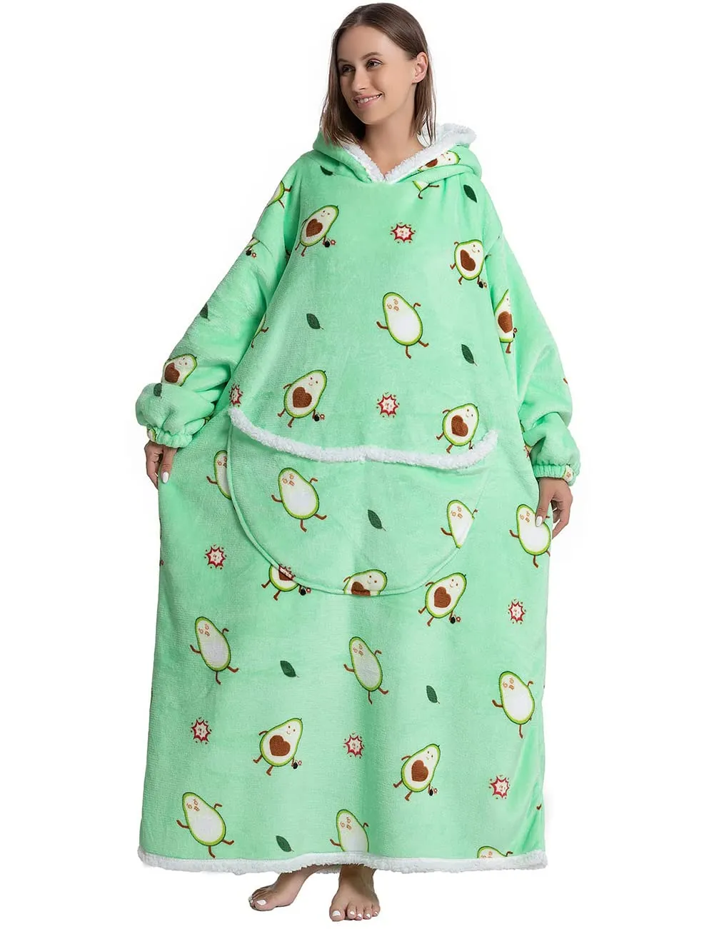 Queenshin Felpa Coperta Indossabile con Cappuccio Avocado, Pile Sherpa Oversize Extra Lunga per Donna e Uomo - immagine 4