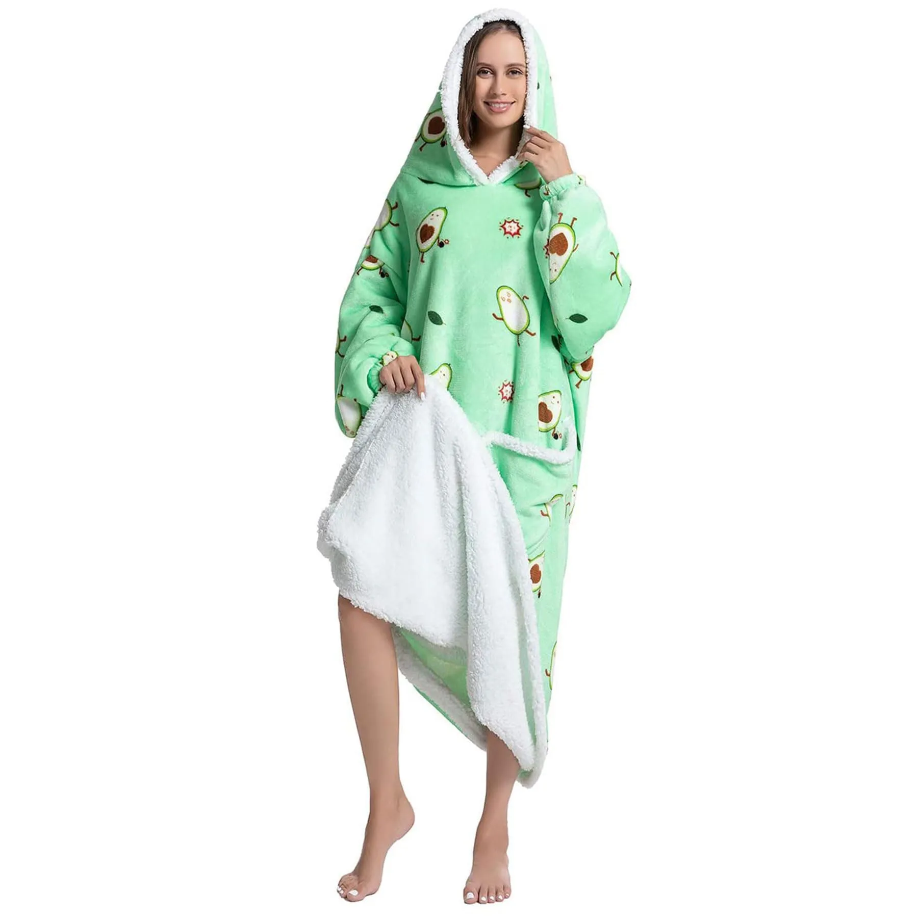 Queenshin Felpa Coperta Indossabile con Cappuccio Avocado, Pile Sherpa Oversize Extra Lunga per Donna e Uomo - immagine 6