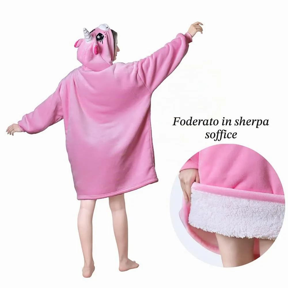 Queenshin Coperta Indossabile Unicorno Rosa con Cappuccio in Pile Sherpa, Taglia Unica - immagine 3