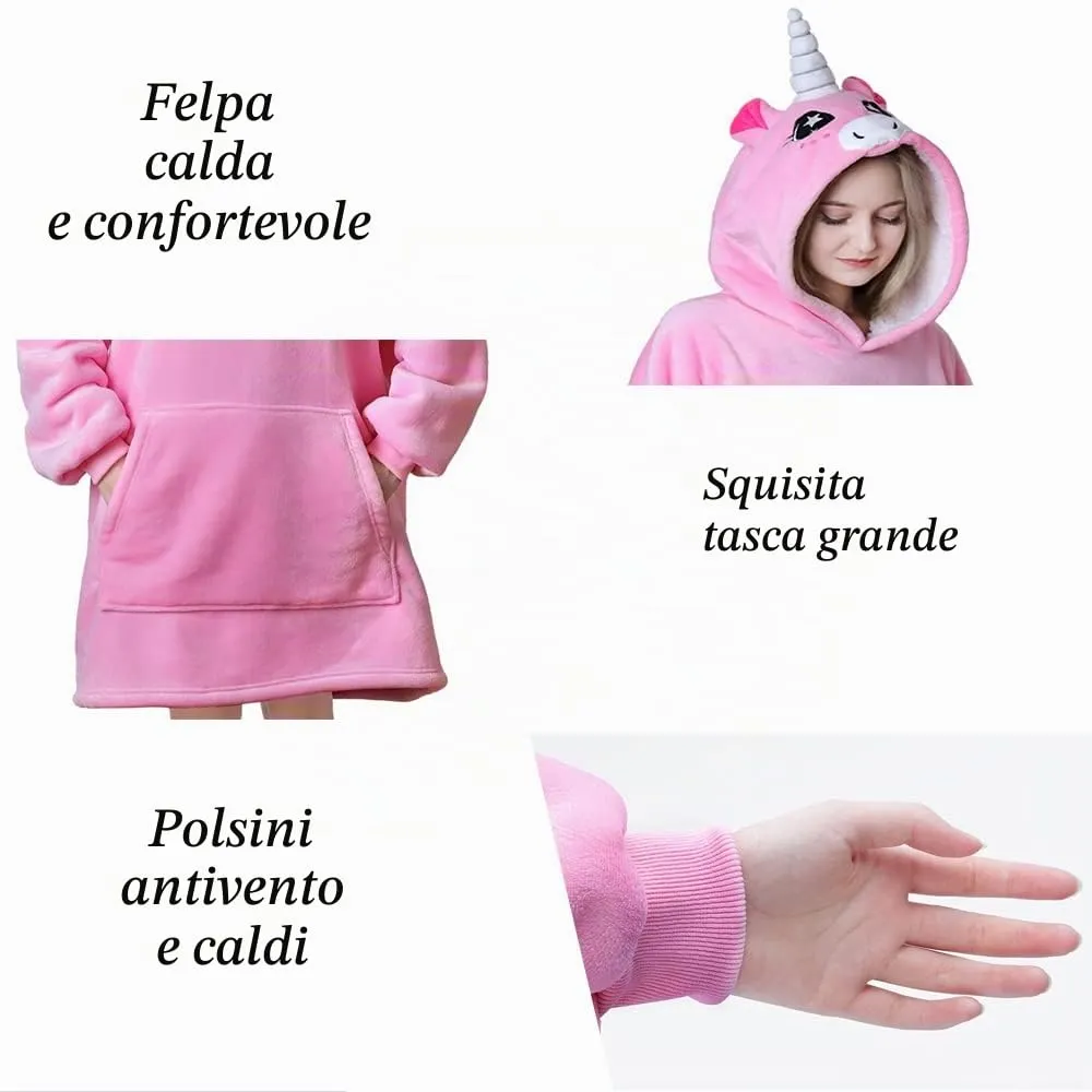 Queenshin Coperta Indossabile Unicorno Rosa con Cappuccio in Pile Sherpa, Taglia Unica - immagine 4