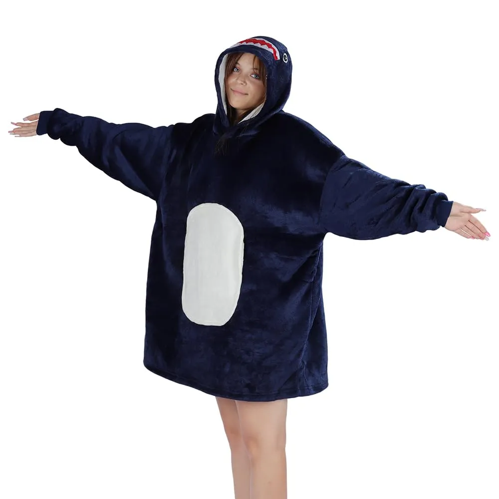 Queenshin Felpa Coperta Indossabile Squalo Blu con Cappuccio in Pile Sherpa, Oversize Unisex - immagine 2