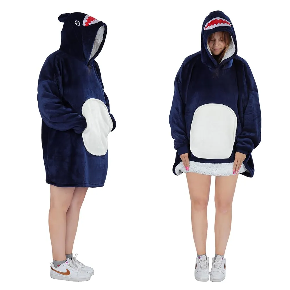 Queenshin Felpa Coperta Indossabile Squalo Blu con Cappuccio in Pile Sherpa, Oversize Unisex - immagine 3