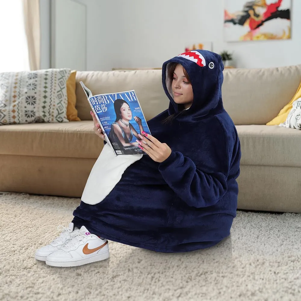 Queenshin Felpa Coperta Indossabile Squalo Blu con Cappuccio in Pile Sherpa, Oversize Unisex - immagine 5
