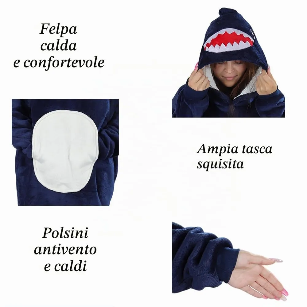 Queenshin Felpa Coperta Indossabile Squalo Blu con Cappuccio in Pile Sherpa, Oversize Unisex - immagine 6