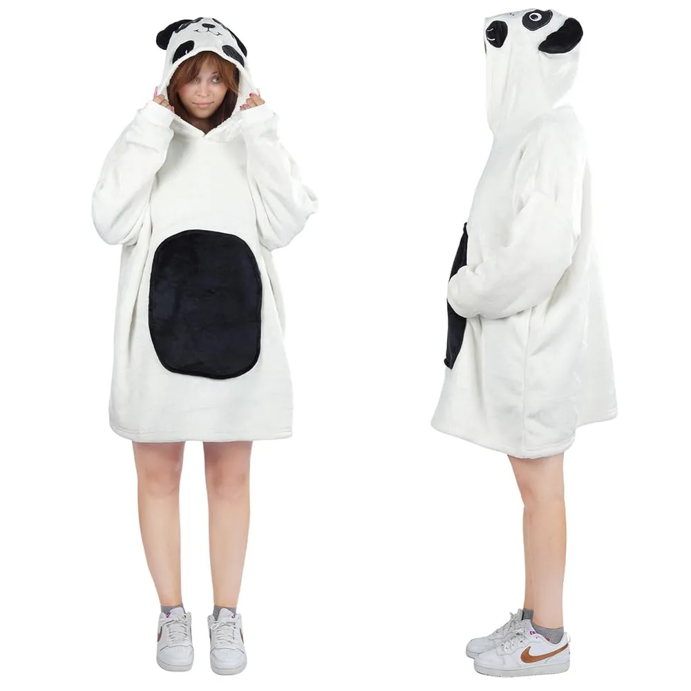 Queenshin Felpa Coperta Indossabile con Cappuccio Panda Bianco, Pile Sherpa Oversize per Donna e Uomo - immagine 2