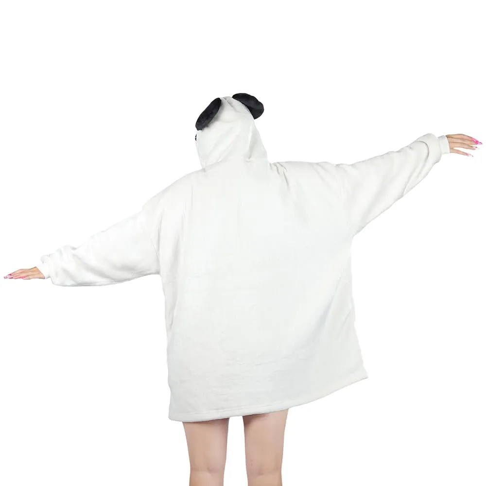 Queenshin Felpa Coperta Indossabile con Cappuccio Panda Bianco, Pile Sherpa Oversize per Donna e Uomo - immagine 4