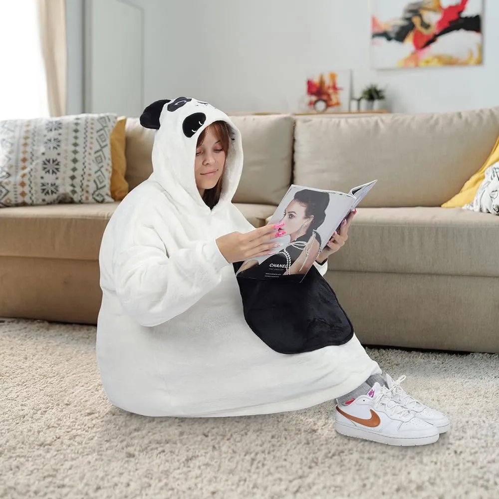 Queenshin Felpa Coperta Indossabile con Cappuccio Panda Bianco, Pile Sherpa Oversize per Donna e Uomo - immagine 5