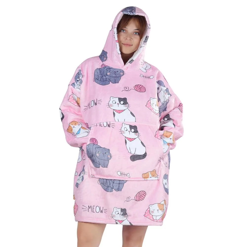 Queenshin Coperta Indossabile con Cappuccio Gatto Rosa, Poncho in Pile Sherpa Oversize per Donna e Uomo - immagine 1