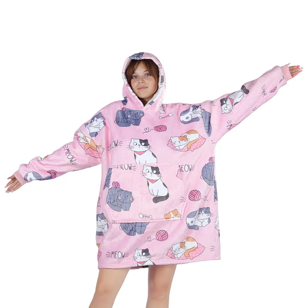 Queenshin Coperta Indossabile con Cappuccio Gatto Rosa, Poncho in Pile Sherpa Oversize per Donna e Uomo - immagine 2