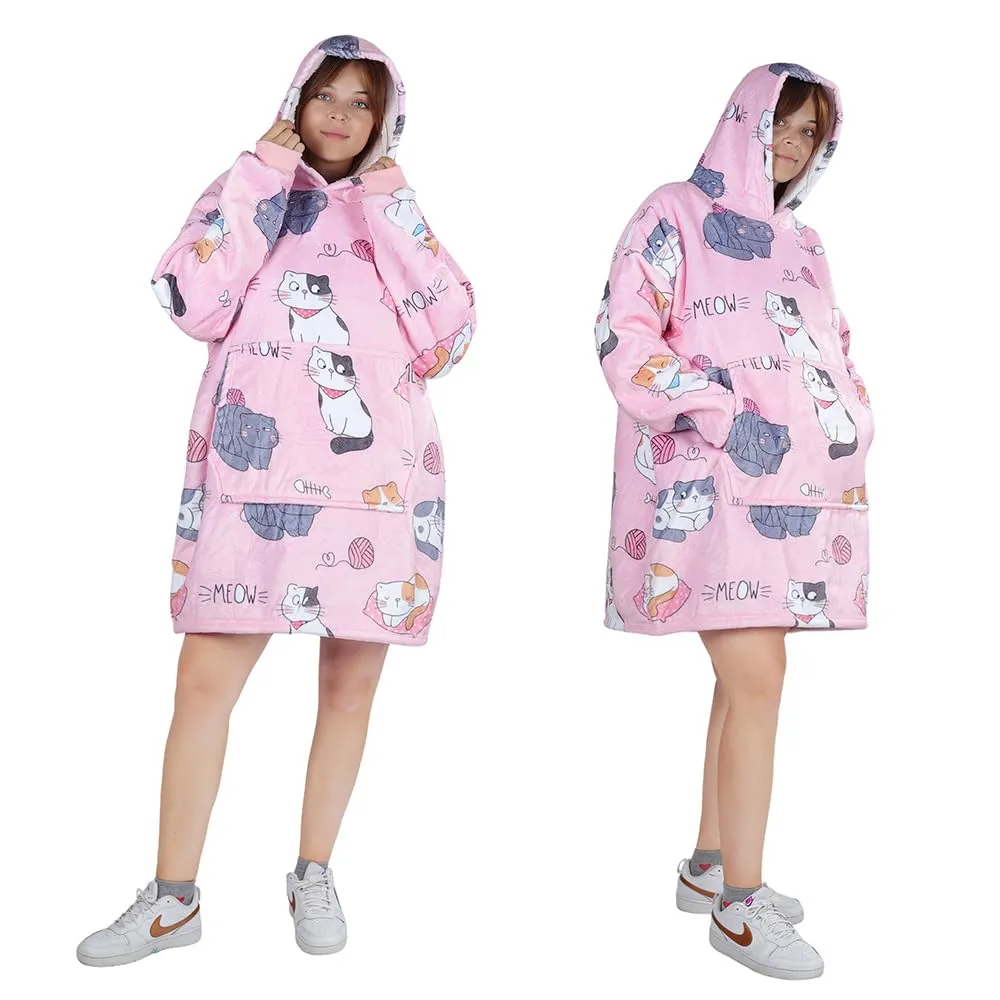Queenshin Coperta Indossabile con Cappuccio Gatto Rosa, Poncho in Pile Sherpa Oversize per Donna e Uomo - immagine 3