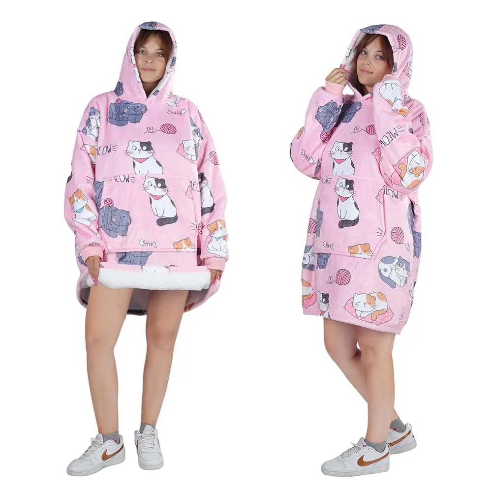 Queenshin Coperta Indossabile con Cappuccio Gatto Rosa, Poncho in Pile Sherpa Oversize per Donna e Uomo - immagine 4