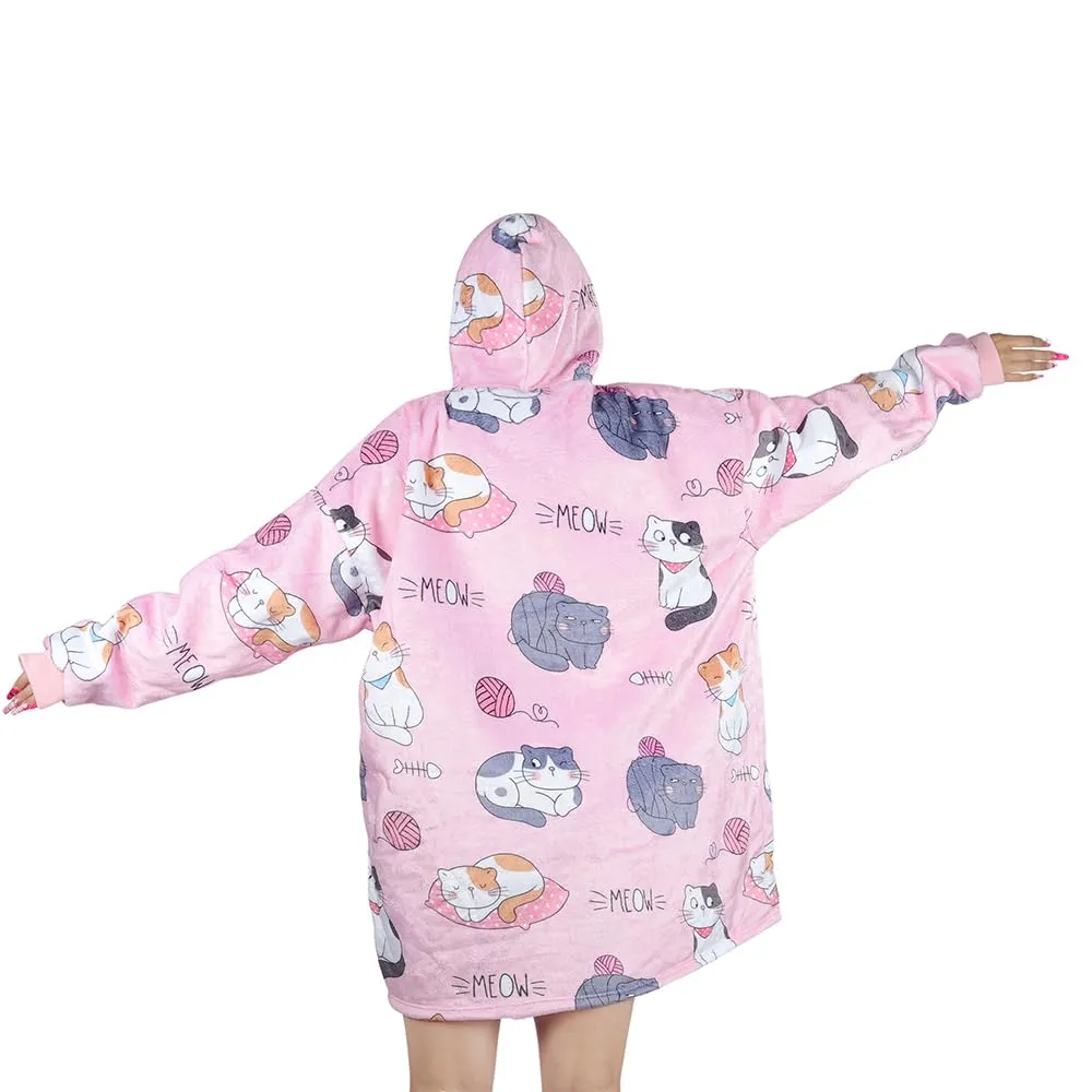 Queenshin Coperta Indossabile con Cappuccio Gatto Rosa, Poncho in Pile Sherpa Oversize per Donna e Uomo - immagine 5