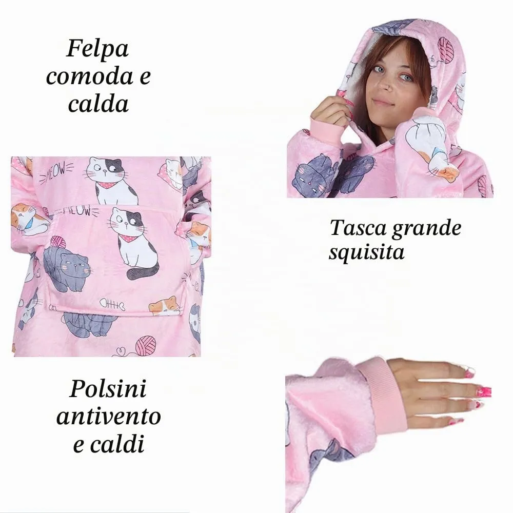 Queenshin Coperta Indossabile con Cappuccio Gatto Rosa, Poncho in Pile Sherpa Oversize per Donna e Uomo - immagine 7