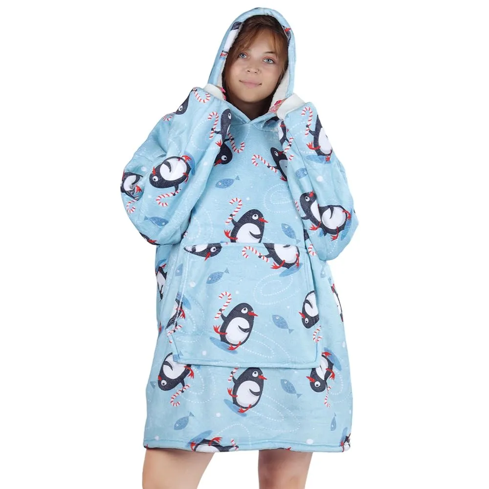 Queenshin Felpa Coperta Indossabile con Cappuccio Pinguino Blu, Poncho in Pile Sherpa Unisex Oversize - immagine 1