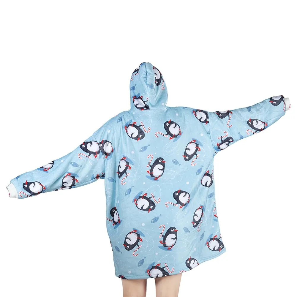 Queenshin Felpa Coperta Indossabile con Cappuccio Pinguino Blu, Poncho in Pile Sherpa Unisex Oversize - immagine 4