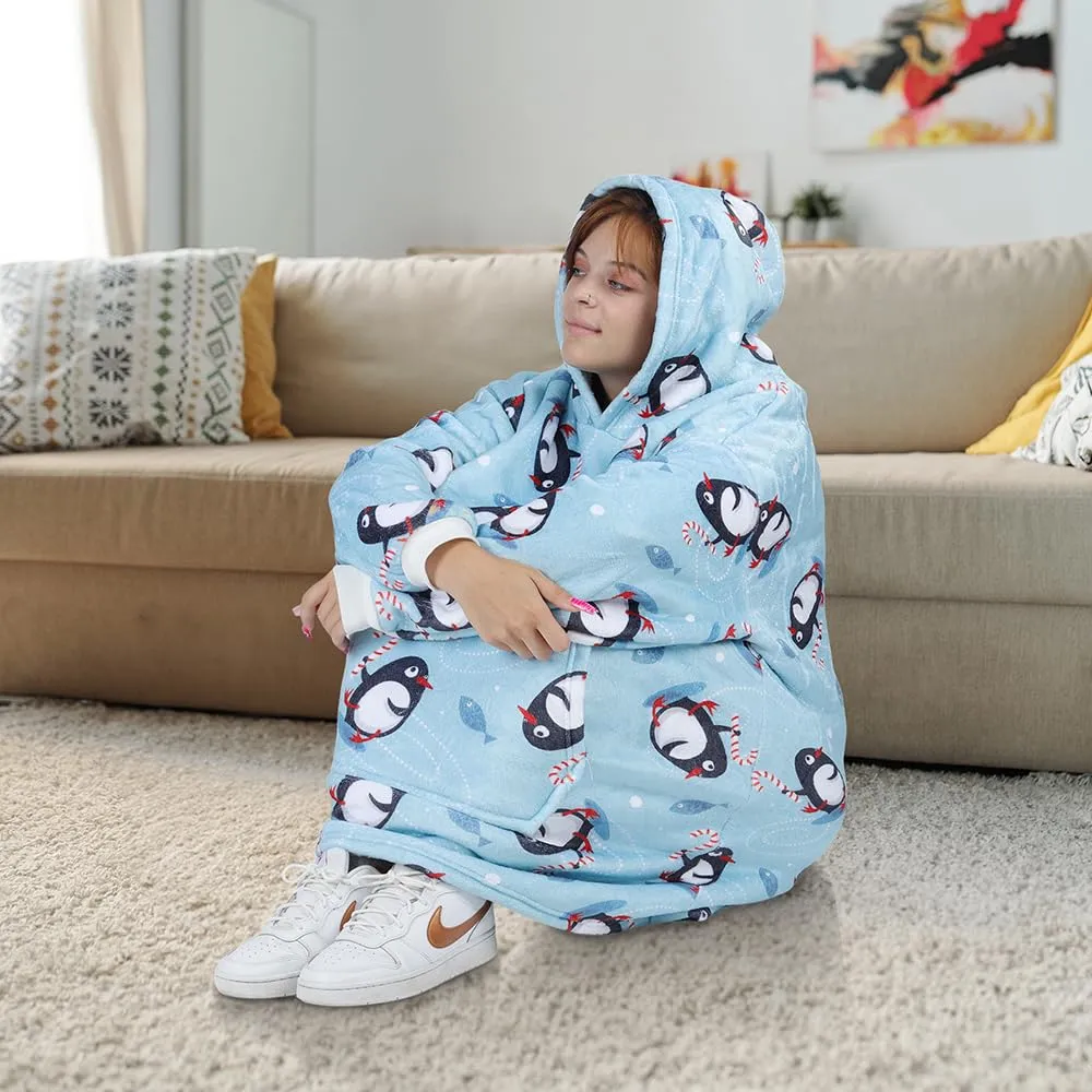 Queenshin Felpa Coperta Indossabile con Cappuccio Pinguino Blu, Poncho in Pile Sherpa Unisex Oversize - immagine 5