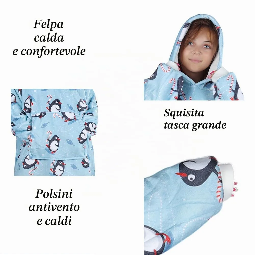 Queenshin Felpa Coperta Indossabile con Cappuccio Pinguino Blu, Poncho in Pile Sherpa Unisex Oversize - immagine 6
