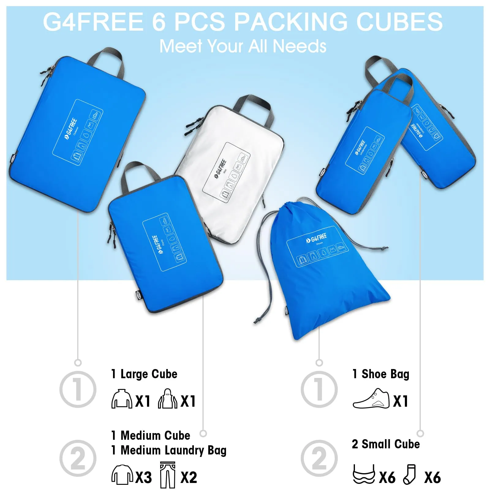 G4Free Set di 6 cubi per imballaggi a compressione, organizer per vestiti e borse da viaggio - immagine 3