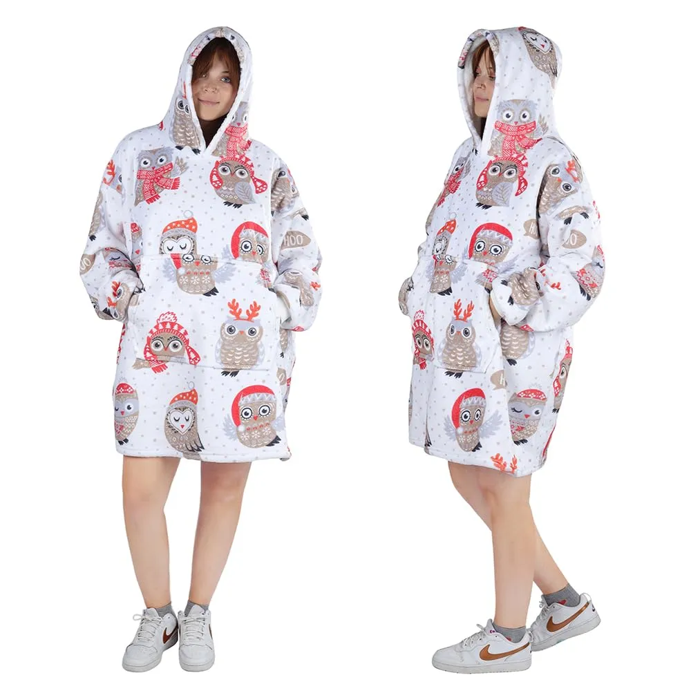 Queenshin Felpa Coperta Indossabile con Cappuccio Gufo di Natale, Pile Sherpa Oversize per Donna e Uomo - immagine 2