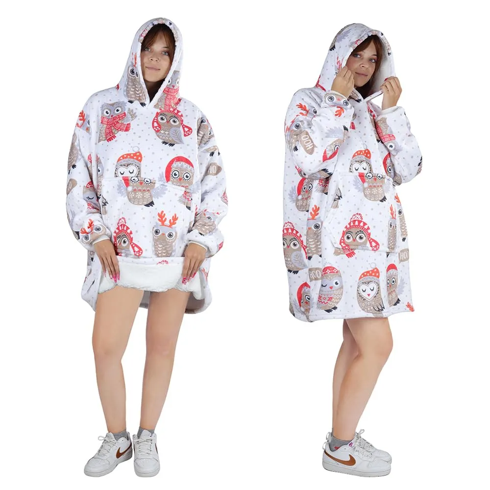 Queenshin Felpa Coperta Indossabile con Cappuccio Gufo di Natale, Pile Sherpa Oversize per Donna e Uomo - immagine 3