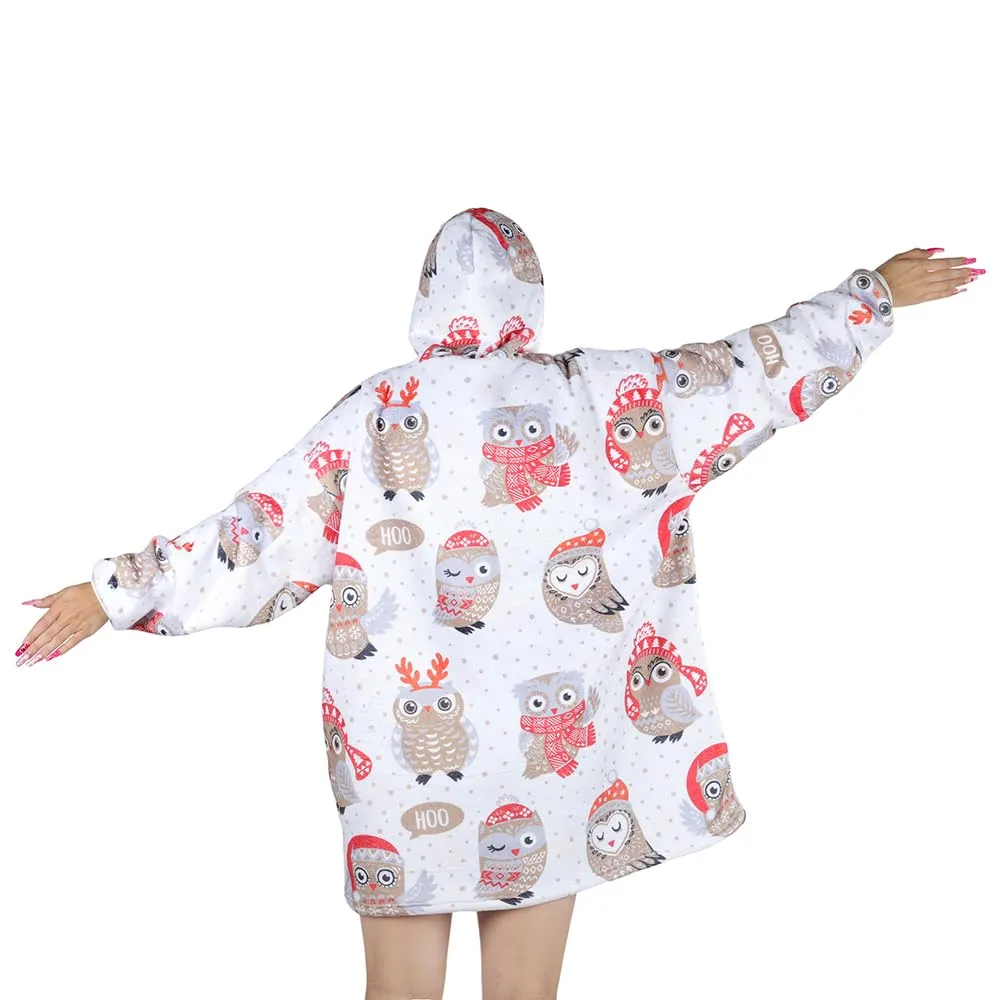 Queenshin Felpa Coperta Indossabile con Cappuccio Gufo di Natale, Pile Sherpa Oversize per Donna e Uomo - immagine 4