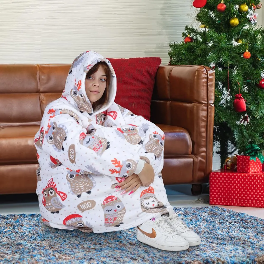 Queenshin Felpa Coperta Indossabile con Cappuccio Gufo di Natale, Pile Sherpa Oversize per Donna e Uomo - immagine 5