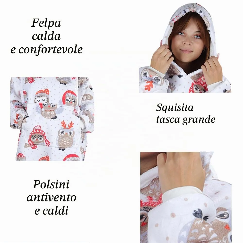 Queenshin Felpa Coperta Indossabile con Cappuccio Gufo di Natale, Pile Sherpa Oversize per Donna e Uomo - immagine 6