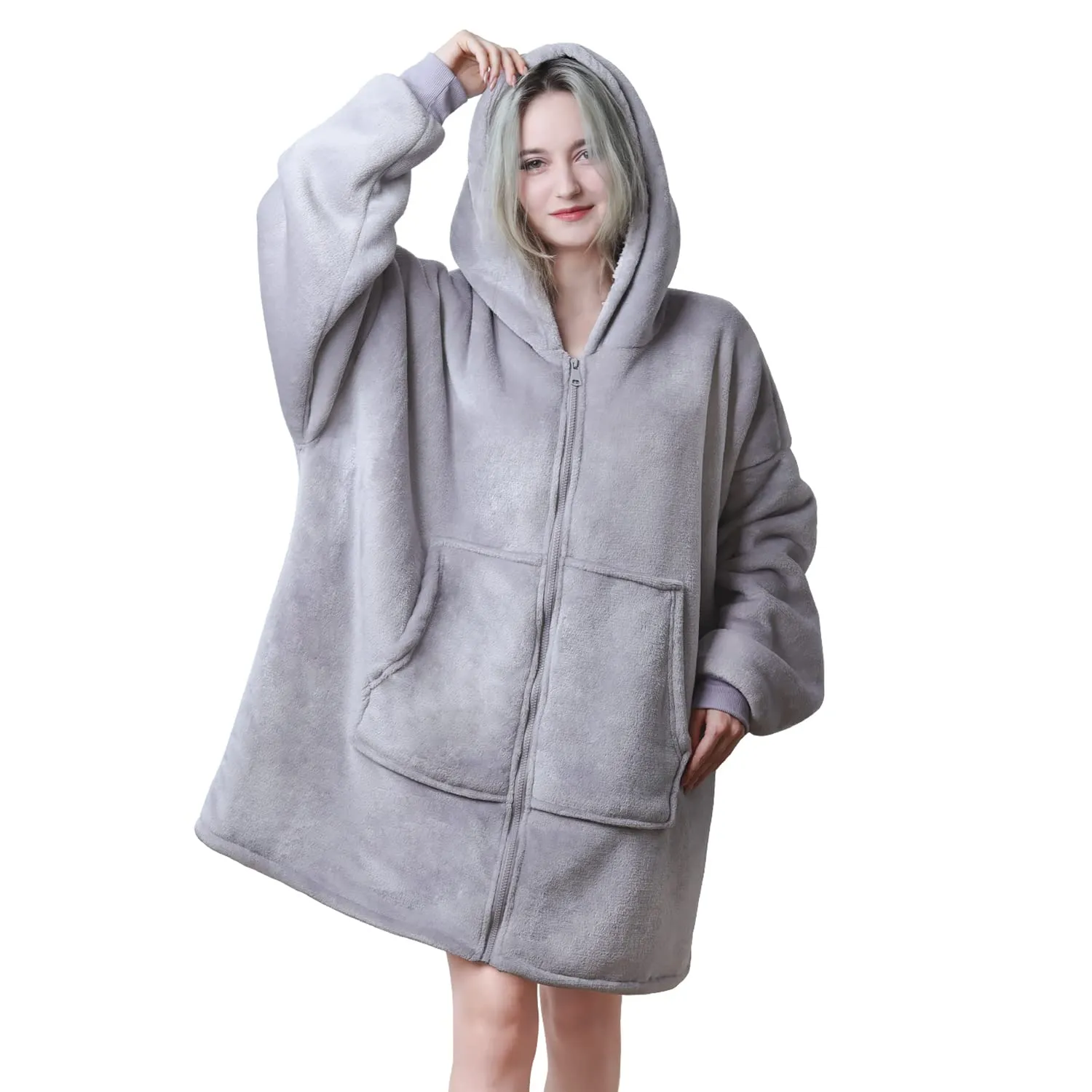 Queenshin Felpa Coperta Indossabile con Cerniera e Cappuccio, Pile Sherpa Grigio, Taglia Unica - immagine 1