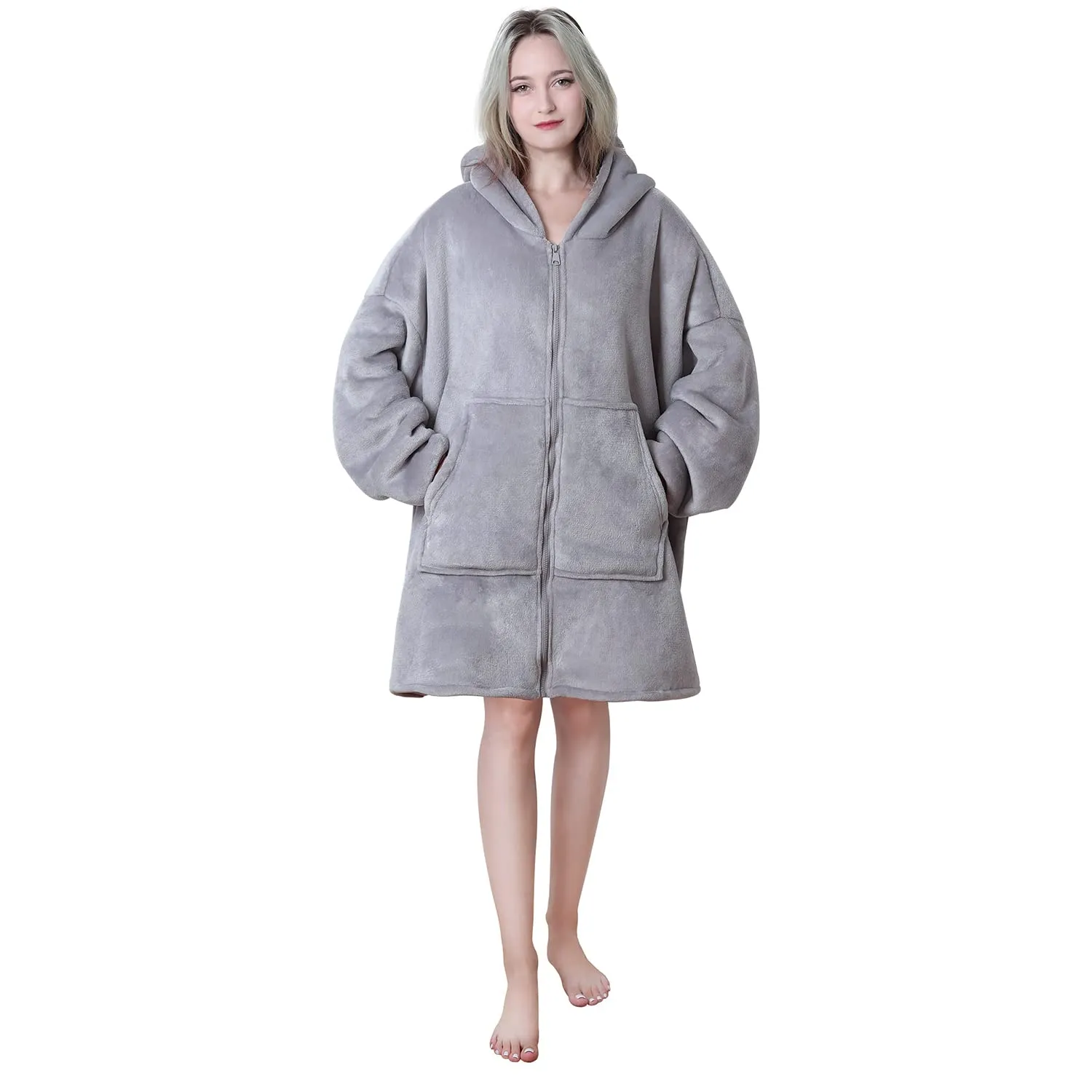 Queenshin Felpa Coperta Indossabile con Cerniera e Cappuccio, Pile Sherpa Grigio, Taglia Unica - immagine 2
