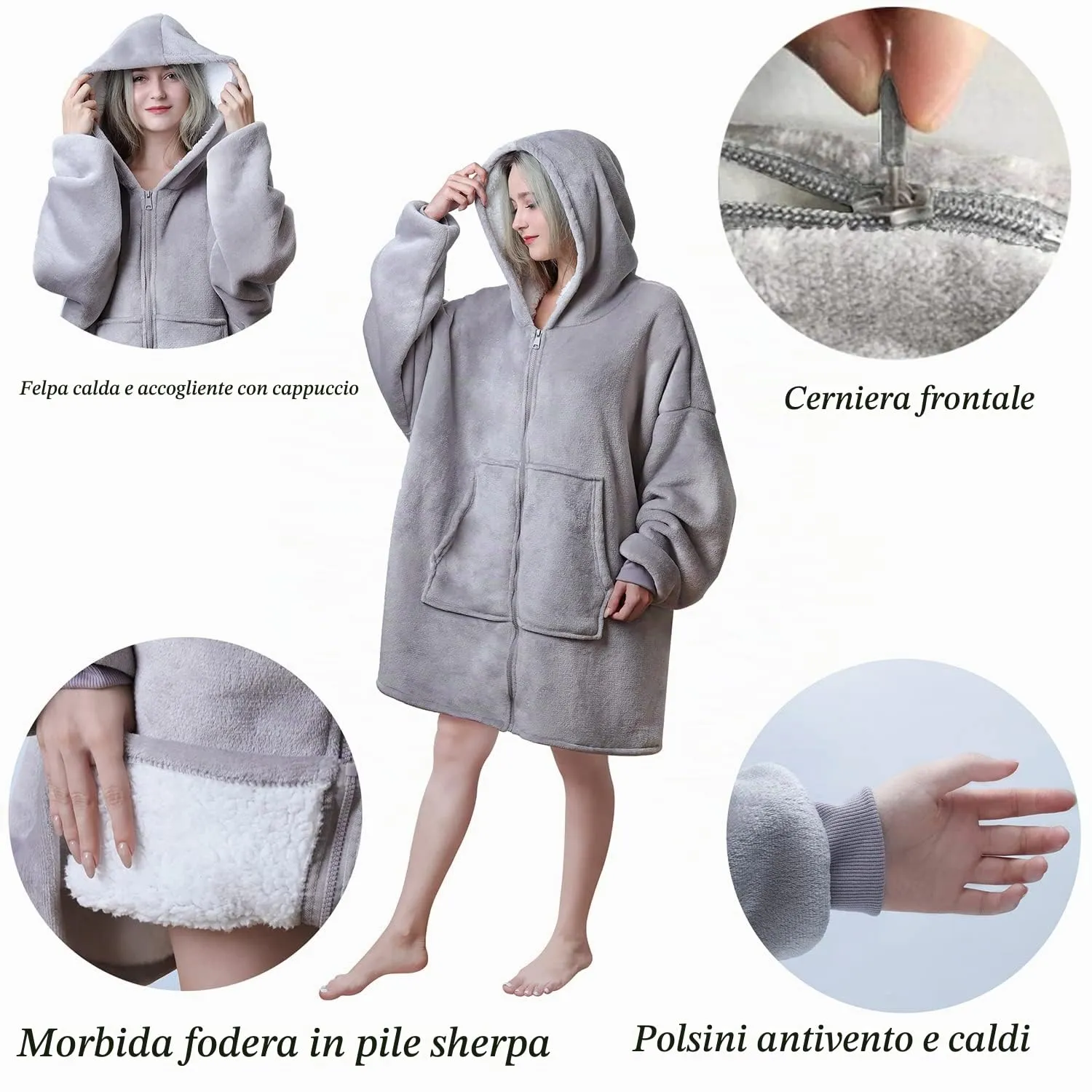 Queenshin Felpa Coperta Indossabile con Cerniera e Cappuccio, Pile Sherpa Grigio, Taglia Unica - immagine 3