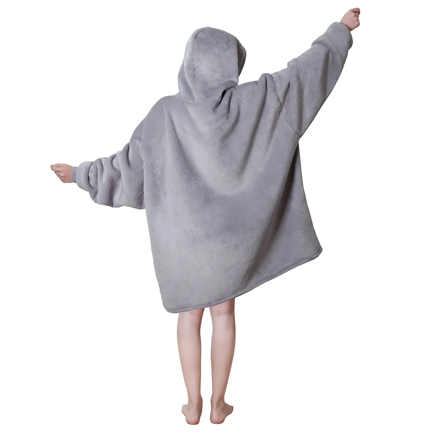 Queenshin Felpa Coperta Indossabile con Cerniera e Cappuccio, Pile Sherpa Grigio, Taglia Unica - immagine 4