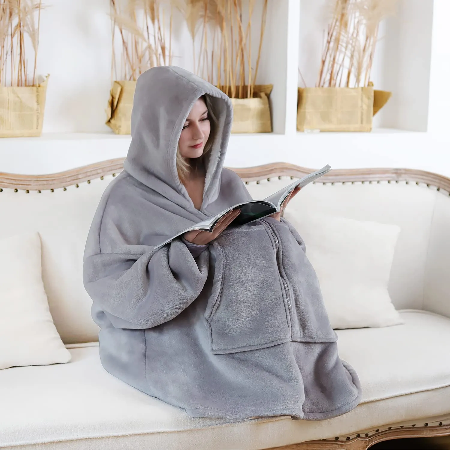 Queenshin Felpa Coperta Indossabile con Cerniera e Cappuccio, Pile Sherpa Grigio, Taglia Unica - immagine 5