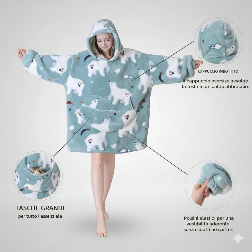 Queenshin Felpa Coperta Indossabile con Cappuccio Stampa Orso Polare, Pile Sherpa Oversize Unisex - immagine 3