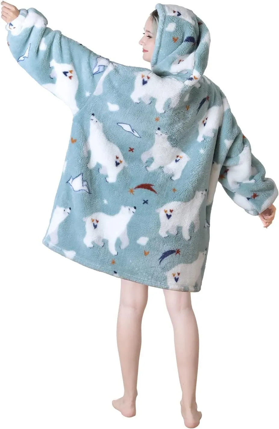 Queenshin Felpa Coperta Indossabile con Cappuccio Stampa Orso Polare, Pile Sherpa Oversize Unisex - immagine 8