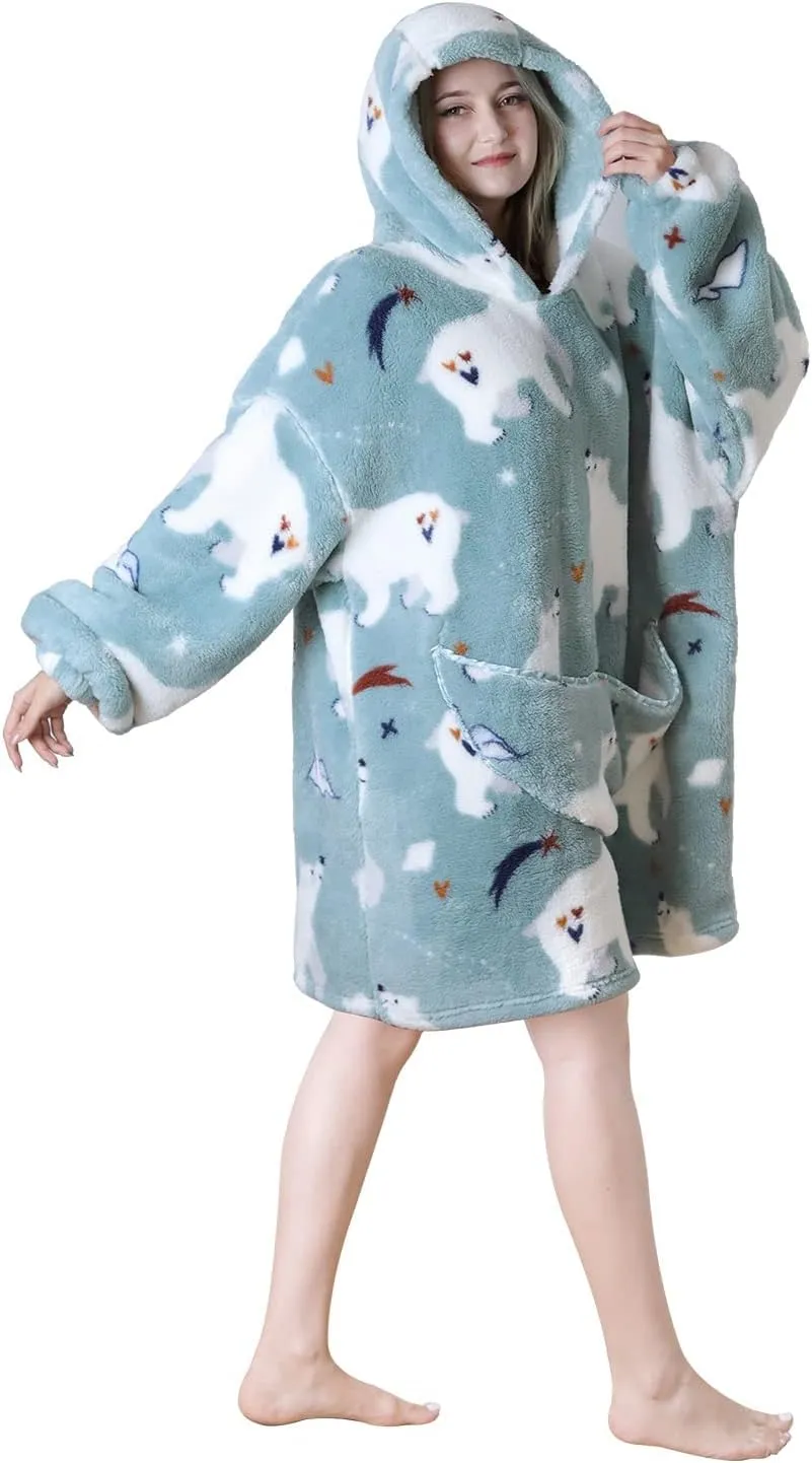 Queenshin Felpa Coperta Indossabile con Cappuccio Stampa Orso Polare, Pile Sherpa Oversize Unisex - immagine 9