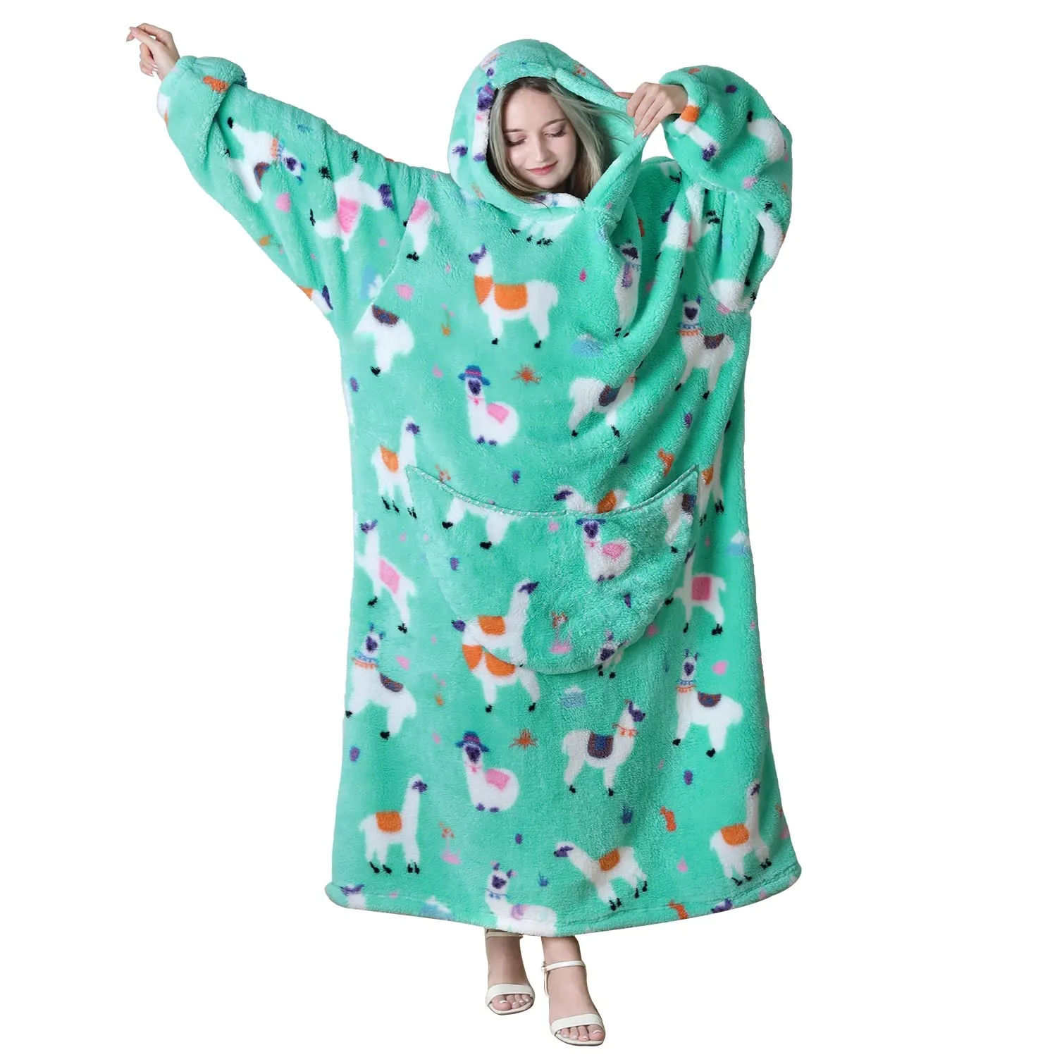 Queenshin Coperta Indossabile con Cappuccio Alpaca in Pile Sherpa, Oversize Unisex - immagine 2