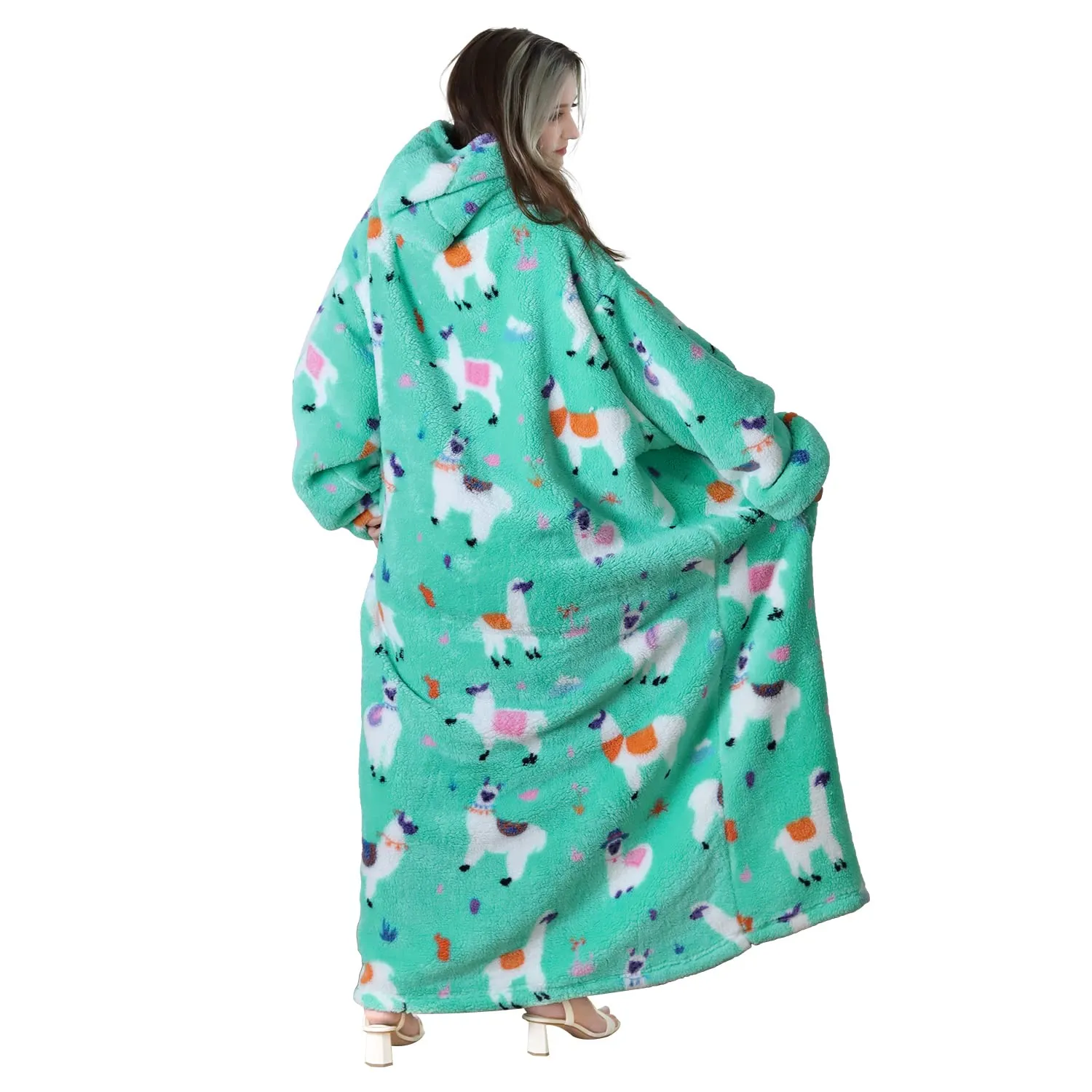 Queenshin Coperta Indossabile con Cappuccio Alpaca in Pile Sherpa, Oversize Unisex - immagine 3