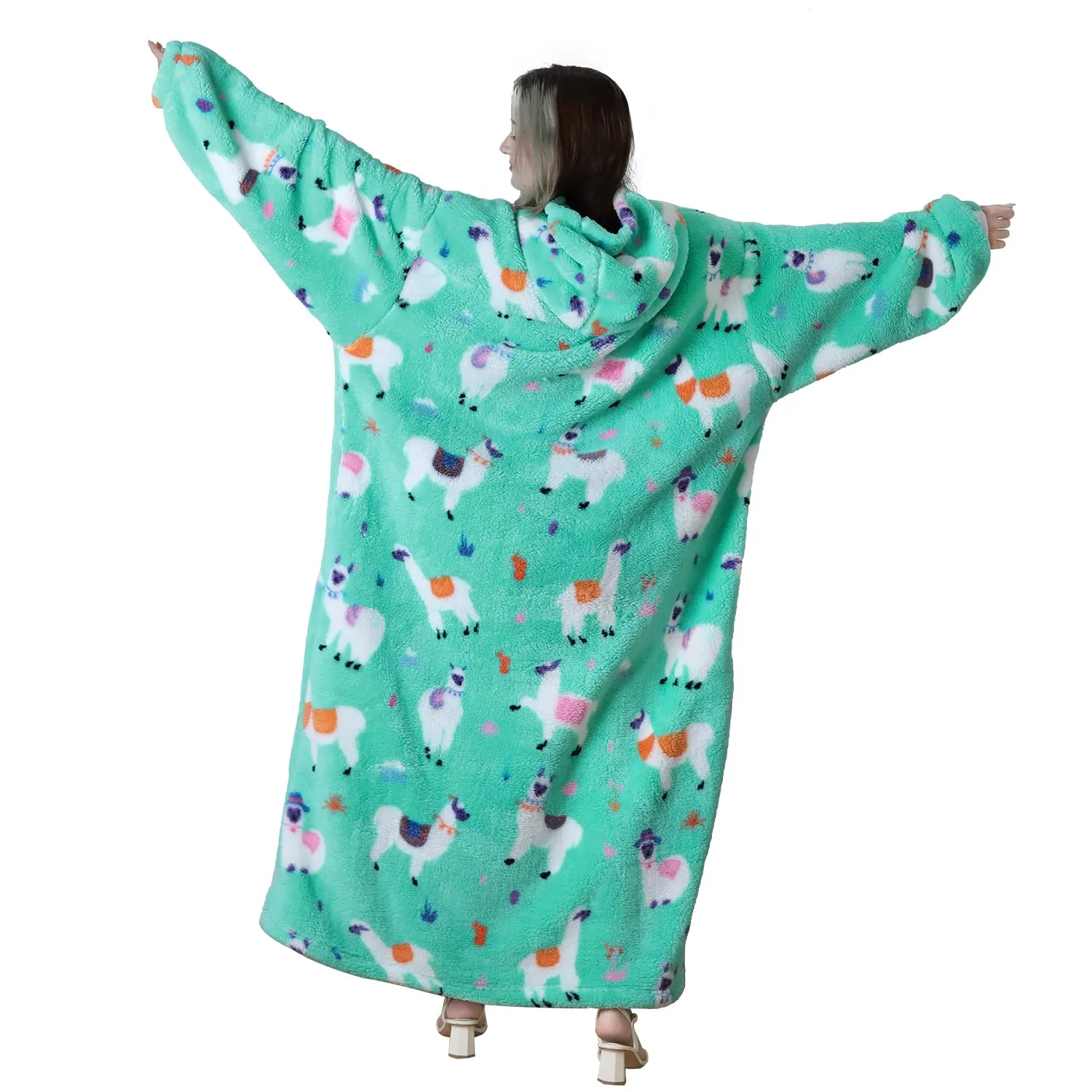 Queenshin Coperta Indossabile con Cappuccio Alpaca in Pile Sherpa, Oversize Unisex - immagine 4