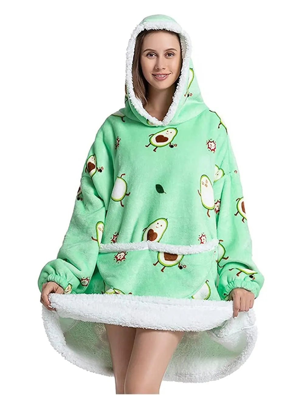 Queenshin Coperta Indossabile con Cappuccio Stampa Avocado, Pile Sherpa Oversize per Donna e Uomo - immagine 2