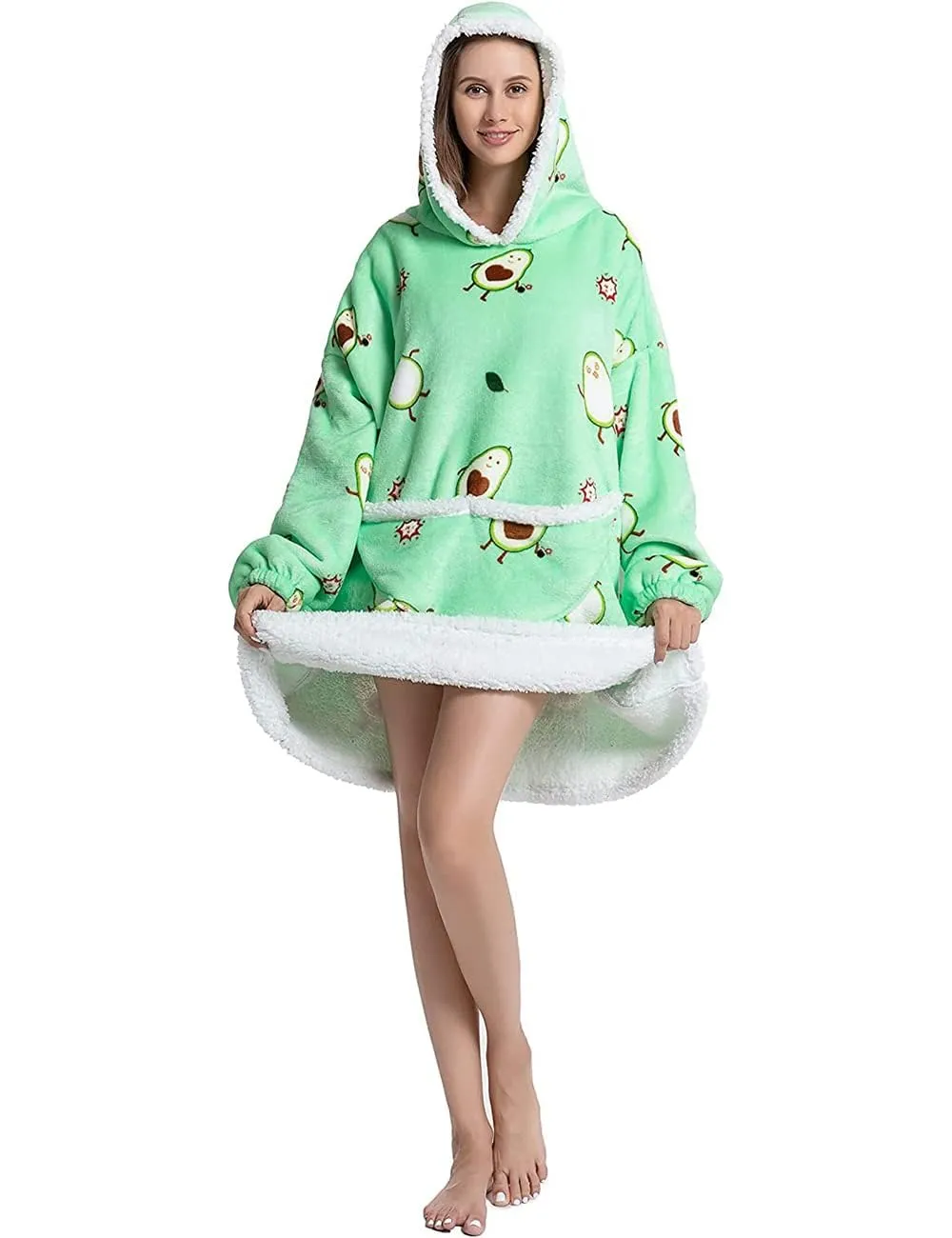 Queenshin Coperta Indossabile con Cappuccio Stampa Avocado, Pile Sherpa Oversize per Donna e Uomo - immagine 3