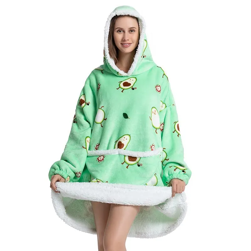 Queenshin Coperta Indossabile con Cappuccio Stampa Avocado, Pile Sherpa Oversize per Donna e Uomo - immagine 4