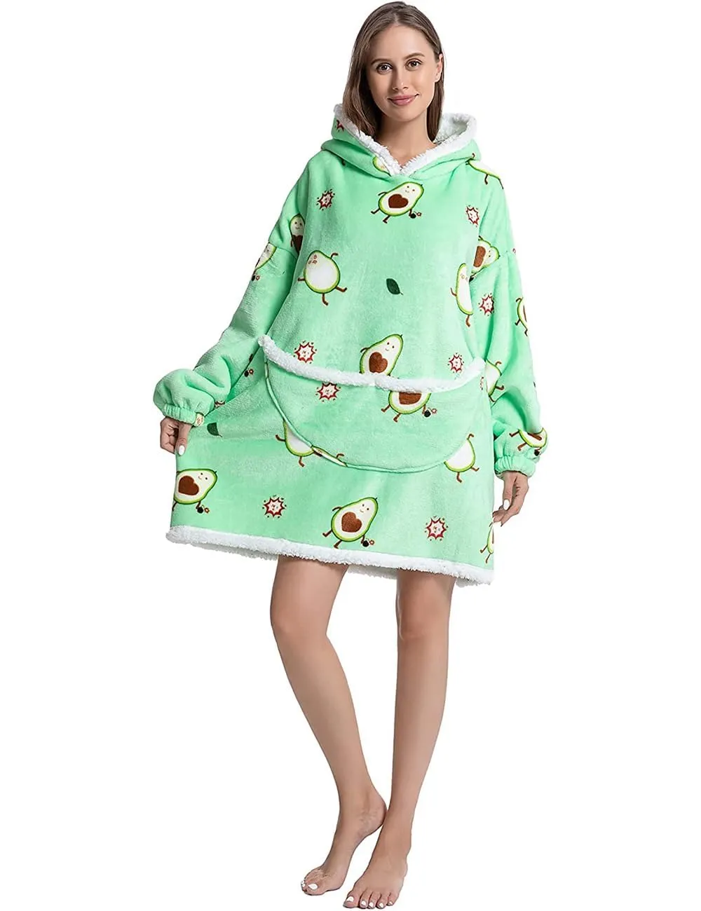 Queenshin Coperta Indossabile con Cappuccio Stampa Avocado, Pile Sherpa Oversize per Donna e Uomo - immagine 5