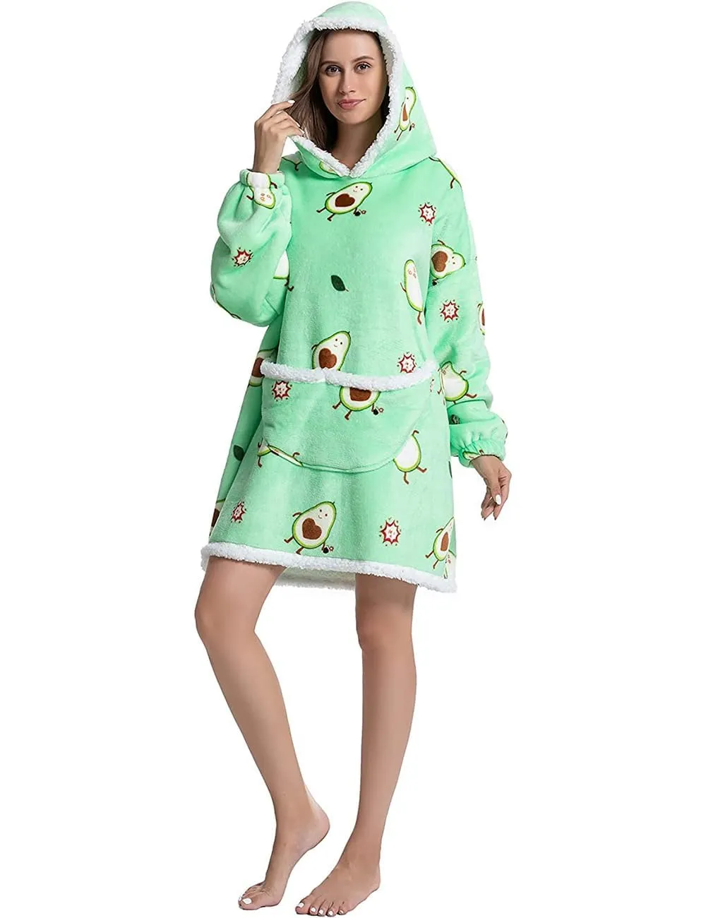Queenshin Coperta Indossabile con Cappuccio Stampa Avocado, Pile Sherpa Oversize per Donna e Uomo - immagine 6