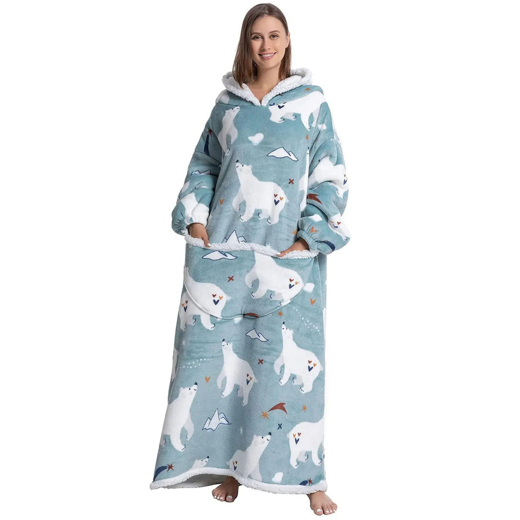 Queenshin Orso Polare Felpa Coperta Indossabile con Cappuccio, Oversize in Pile Sherpa per Donna e Uomo - immagine 3