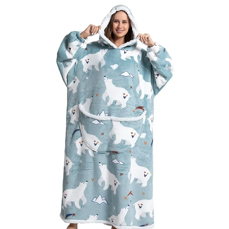 Queenshin Orso Polare Felpa Coperta Indossabile con Cappuccio, Oversize in Pile Sherpa per Donna e Uomo - immagine 4