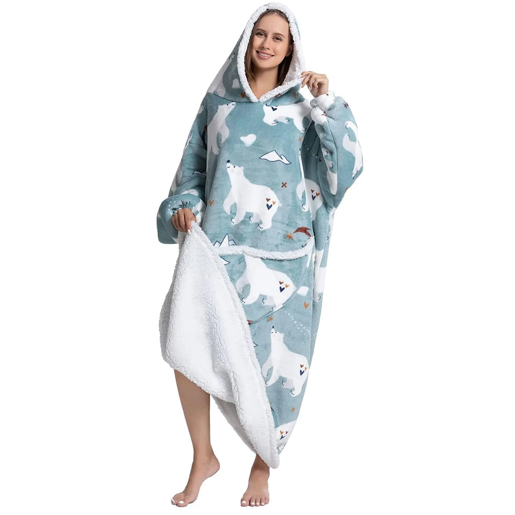 Queenshin Orso Polare Felpa Coperta Indossabile con Cappuccio, Oversize in Pile Sherpa per Donna e Uomo - immagine 5