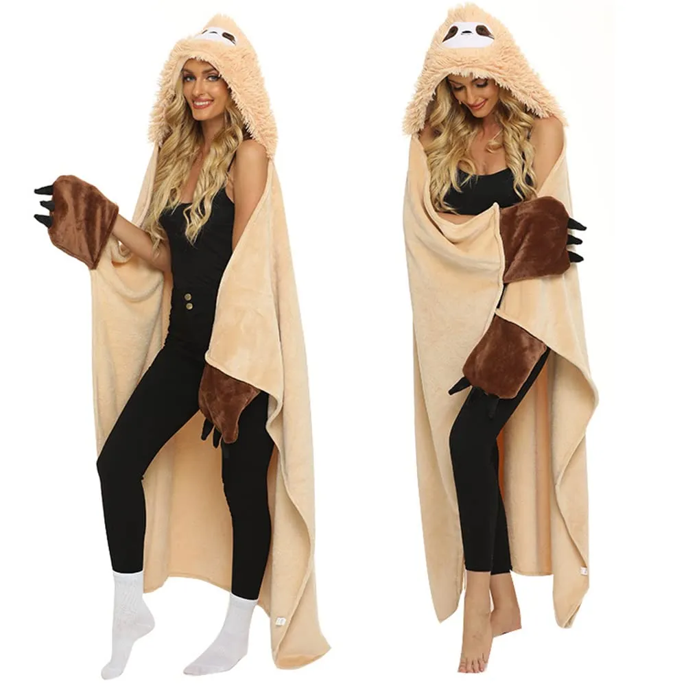 Queenshin Coperta con Cappuccio Indossabile Bradipo in Flanella, 152 x 125 cm, Beige - immagine 2