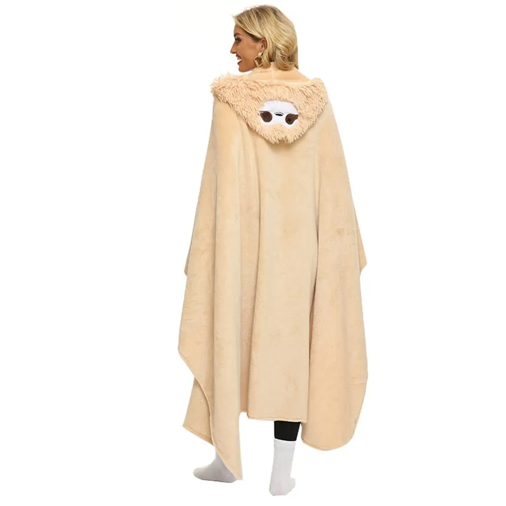Queenshin Coperta con Cappuccio Indossabile Bradipo in Flanella, 152 x 125 cm, Beige - immagine 3