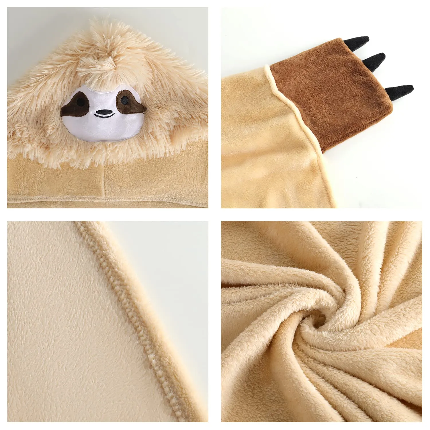 Queenshin Coperta con Cappuccio Indossabile Bradipo in Flanella, 152 x 125 cm, Beige - immagine 5
