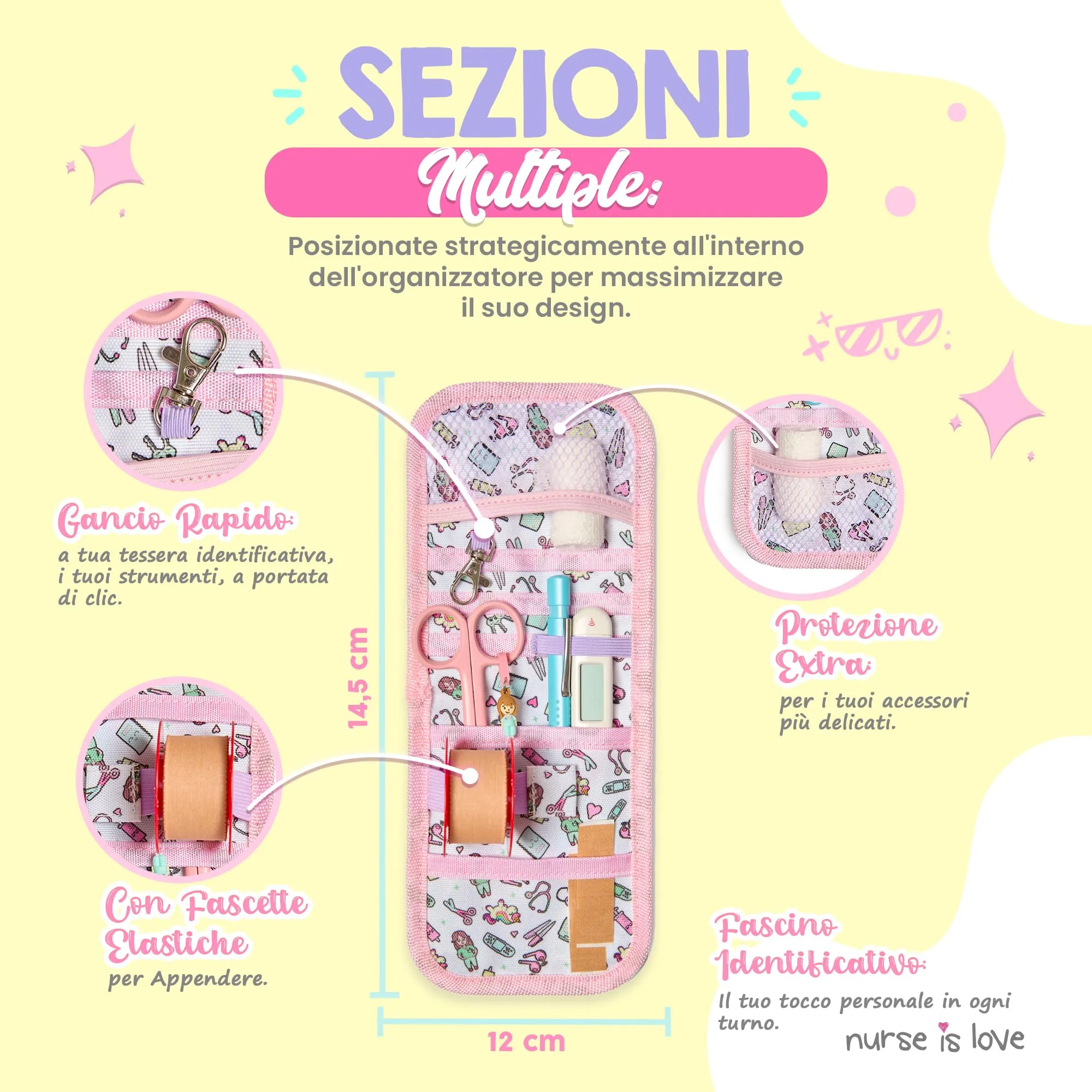 Nurse is Love Organizer da taschino magnetico per divisa sanitaria, Floreale, Rosa - immagine 3